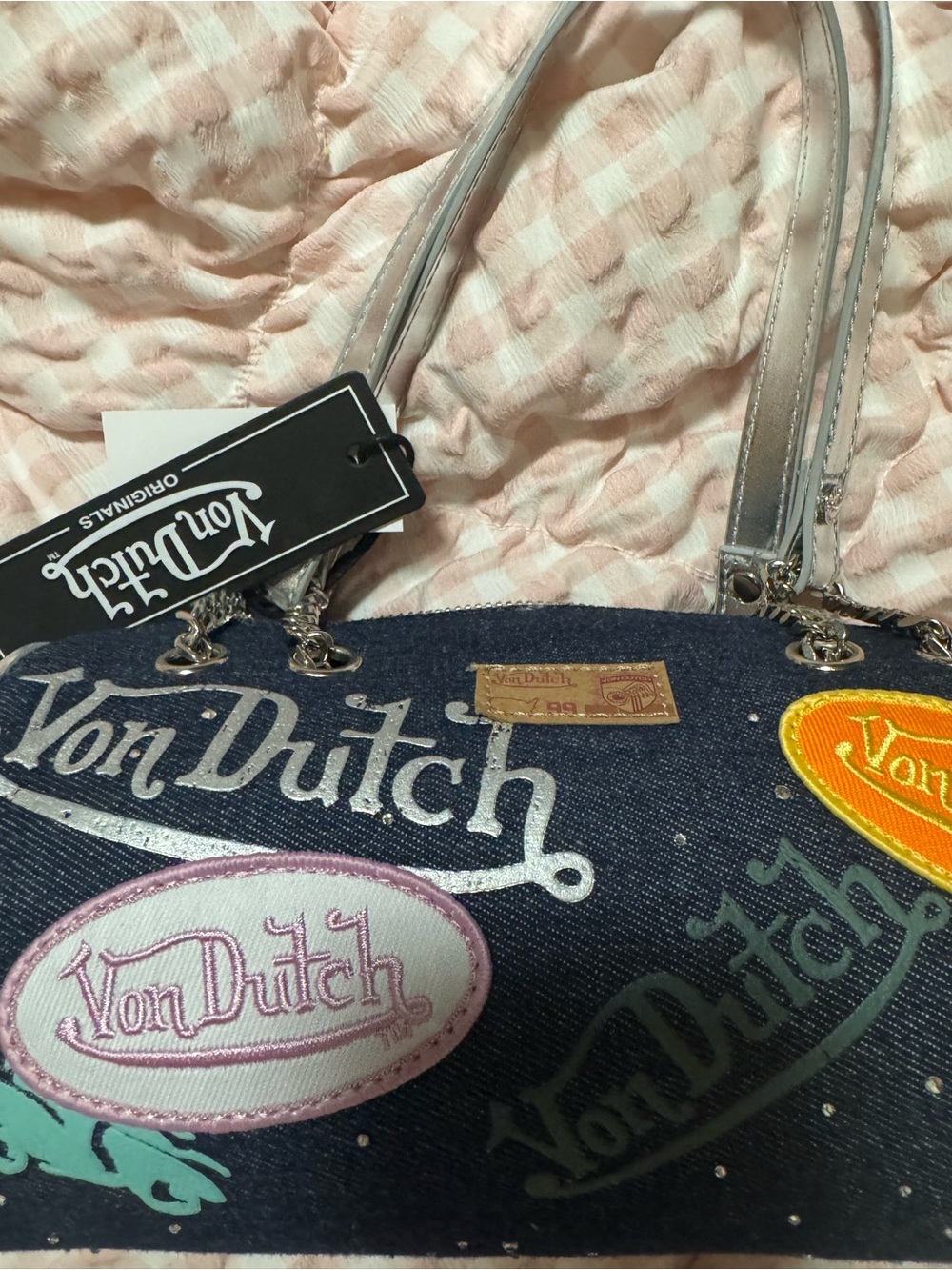 Von Dutch Navy Denim Patch Tote with Multicolor Logo Accents